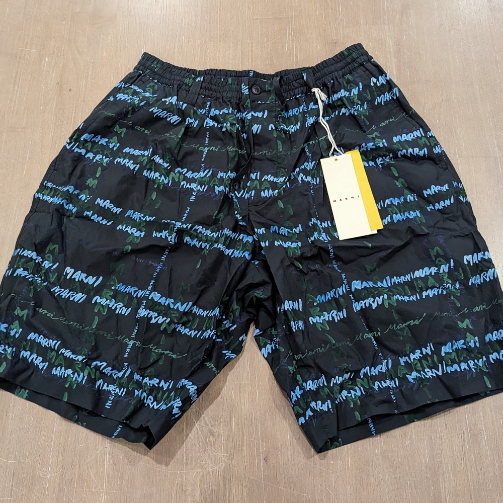 Mens MARNI Logo Print Bermuda Shorts Black/Multi